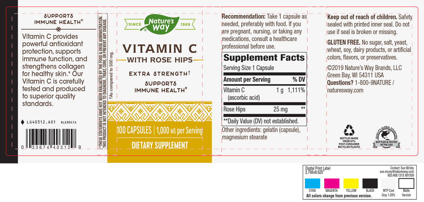 Nature's Way Vitamin C 1000 with Rose Hips, 100 Capsules