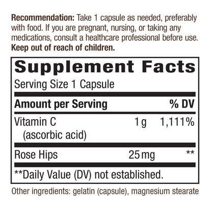 Vitamin C with Rose Hips; 1000 mg Vitamin C per Serving; 250 Capsules