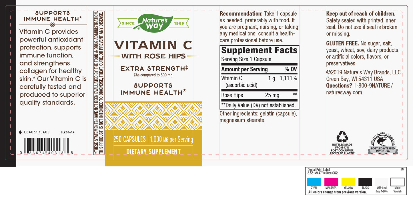 Vitamin C with Rose Hips; 1000 mg Vitamin C per Serving; 250 Capsules