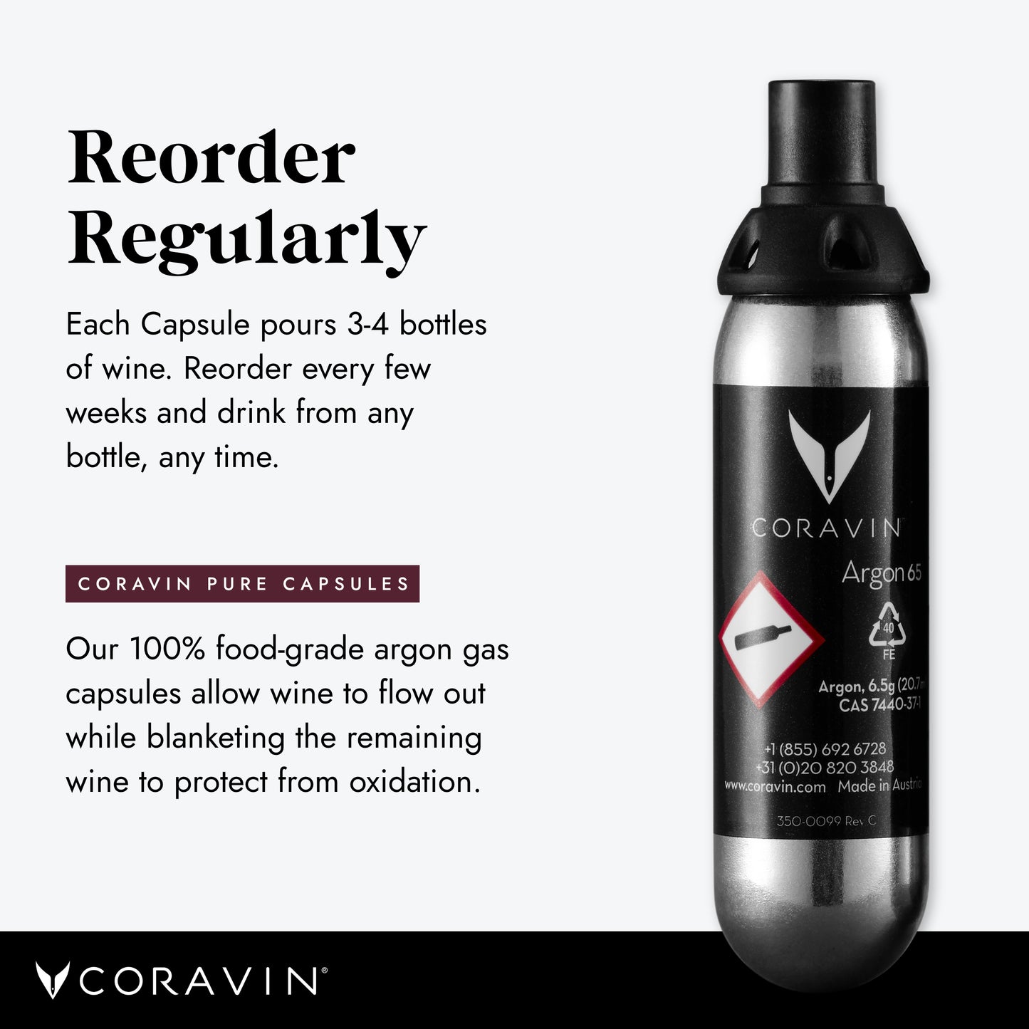 Coravin Pure Capsules - Pack of 6 - Patented Argon Gas Cartridges for Coravin Wine Bottle Opener, Needle Pourer, or Coravin Pivot