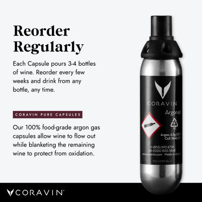 Coravin Pure Capsules - Pack of 6 - Patented Argon Gas Cartridges for Coravin Wine Bottle Opener, Needle Pourer, or Coravin Pivot