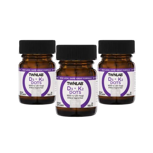 Twinlab Vitamin D3 1000 + K2 Dots - Bone & Heart Health - Immune Support - 25 mcg, 60 Tablets (1000 IU) (3 Pack)