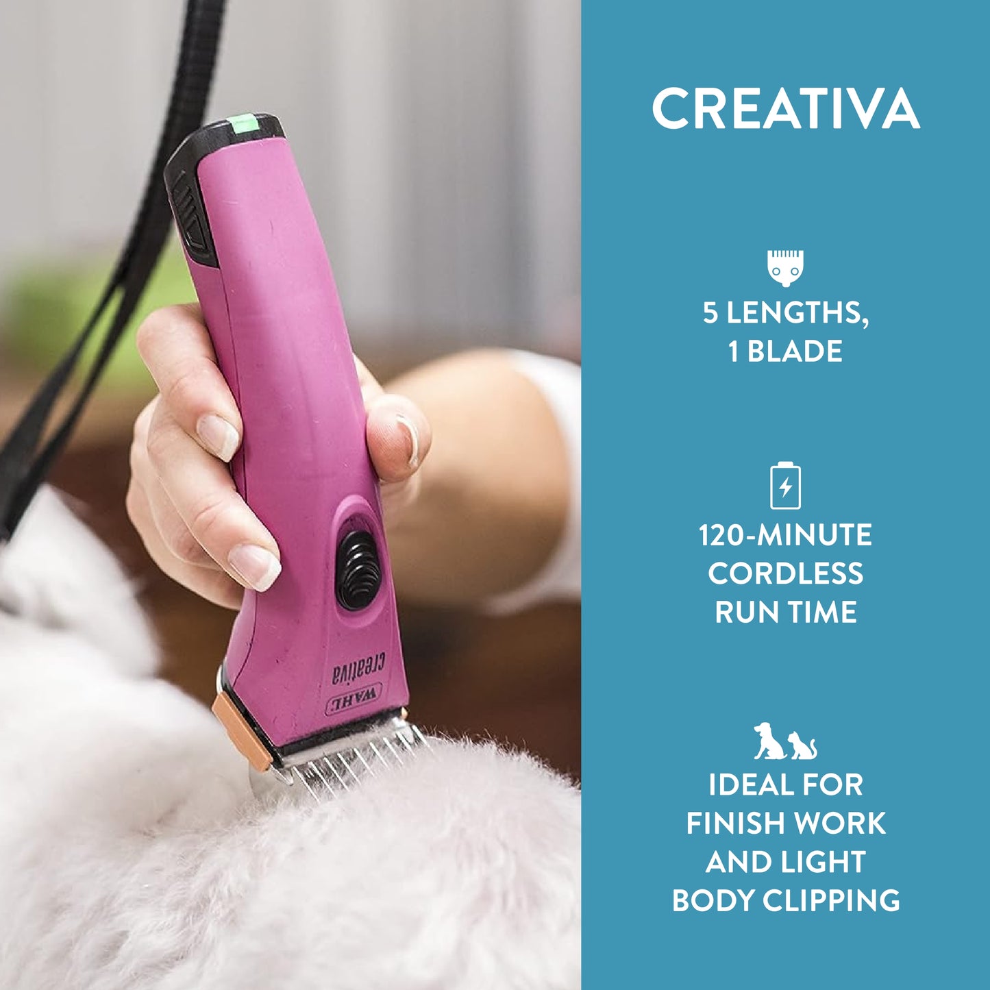 WAHL Professional Animal Creativa Cordless Dog, Cat, Pet, and Horse Clipper with 5-in-1 Adjustable Blade, Berry (41876-0431)