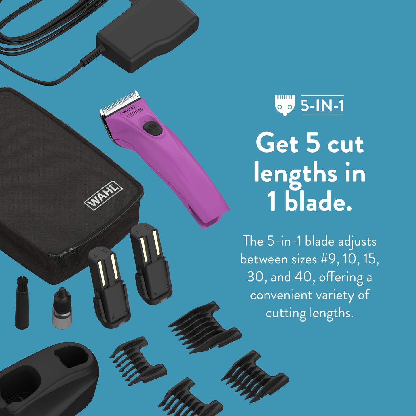 WAHL Professional Animal Creativa Cordless Dog, Cat, Pet, and Horse Clipper with 5-in-1 Adjustable Blade, Berry (41876-0431)
