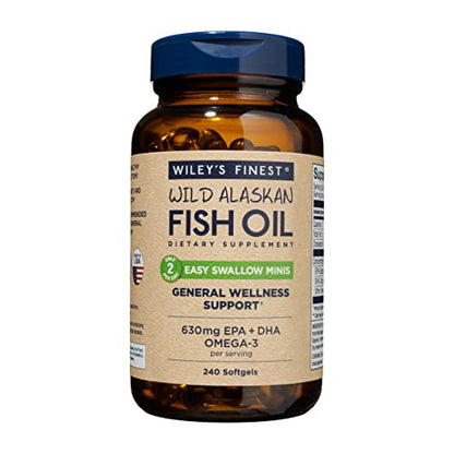 Wild Alaskan Omega-3 Fish Oil - Easy Swallow Minis 2X Double Strength 630mg EPA + DHA Natural Supplement 240 Mini Softgels