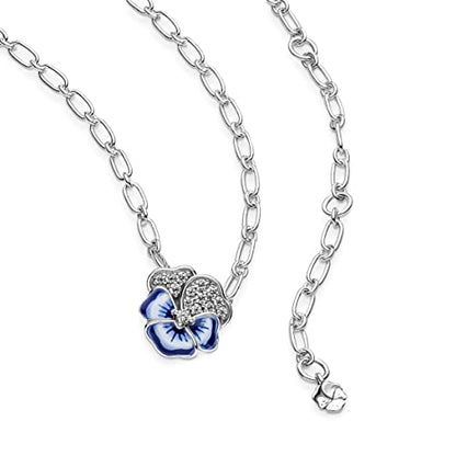 Pandora Blue Pansy Flower Pendant Necklace, With Gift Box