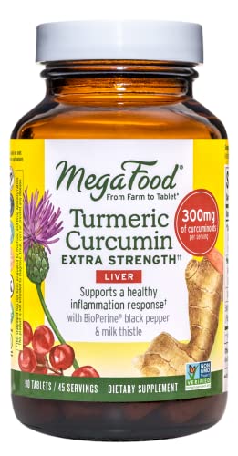 MegaFood Turmeric Curcumin Extra Strength -Supplement to support Liver Health with Bioperine Black Pepper & Milk Thistle Extract - Gluten Free, Vegan & Made without Dairy & Soy - 90 Tabs (45 Servings)