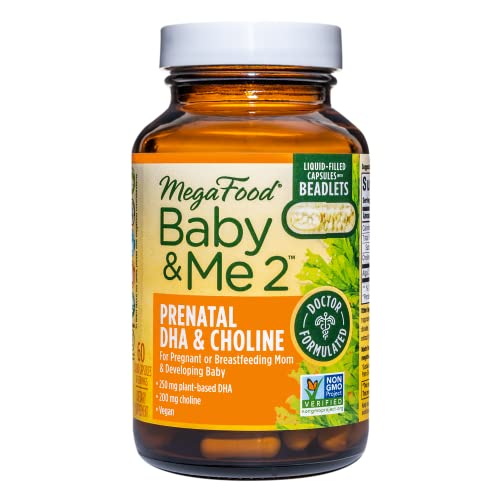 MegaFood Baby & Me 2 Prenatal DHA & Choline - Support Baby's Healthy Brain Development During Pregnancy & Breastfeeding with 250 mg Plant-Based DHA and 160 mg Choline - 60 Caps (30 Servings)