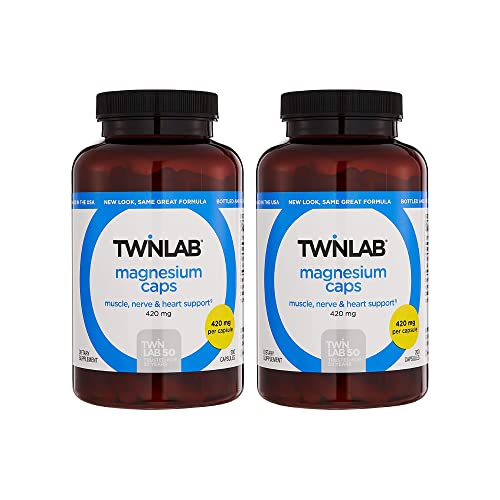 Twinlab Magnesium Caps - High Absorption Magnesium Supplement to Support Leg Cramps Relief - Magnesium Capsules for Stress Relief, 420 mg, 200 Count, 2 Pack