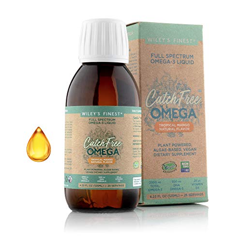 Wiley's Finest Catch Free Vegan Omega 3 Liquid Supplement, Organic Plant-Based Algae Oil DHA + EPA Fatty Acids, Fish Oil Alternative, Supports Heart, Brain, Joint Health, Non-GMO, 4oz Mango Flavor