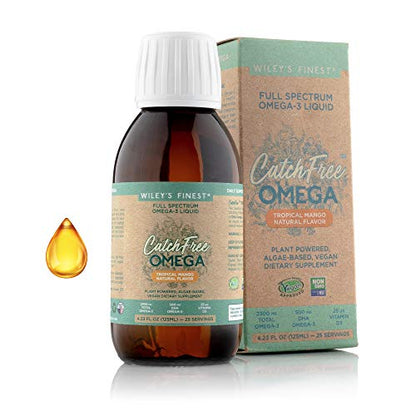 Wiley's Finest Catch Free Vegan Omega 3 Liquid Supplement, Organic Plant-Based Algae Oil DHA + EPA Fatty Acids, Fish Oil Alternative, Supports Heart, Brain, Joint Health, Non-GMO, 4oz Mango Flavor