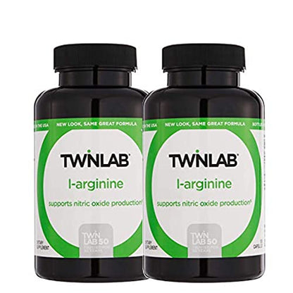 Twinlab L ARGININE 500MG - 100 Cap- Supports Nitric Oxide Production | Free Form Amino Acid (Pack of 2)