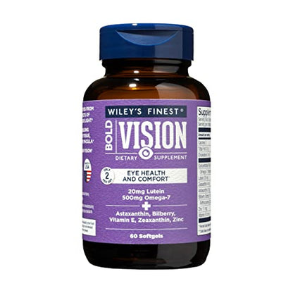 Wiley's Finest Wild Alaskan Fish Oil - Bold Vision for Eye Health, with Lutein, Zeaxanthin, Bilberry, Omega-7, Astaxanthin Plus Vitamin E and Zinc, 60 softgels