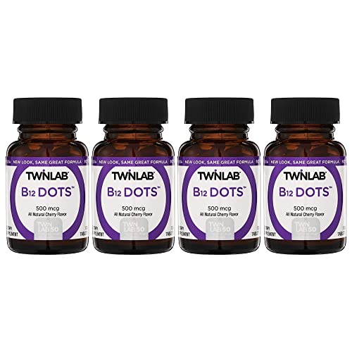 Twinlab B12 Dots - Vegetarian Vitamin B12 Sublingual Natural Energy Pills - for Nerve & Brain Health, Energy Boost & Daily Immune Support - 500mcg, Cherry Flavor 100 Lozenges, 4 Pack