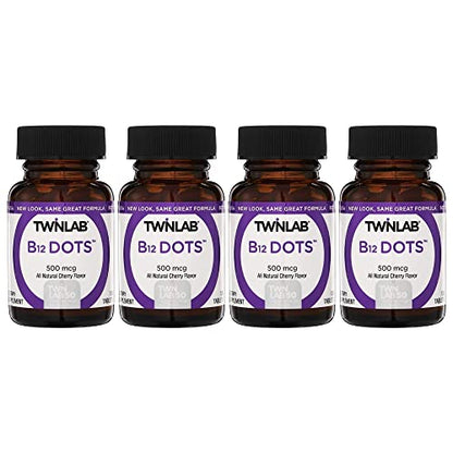 Twinlab B12 Dots - Vegetarian Vitamin B12 Sublingual Natural Energy Pills - for Nerve & Brain Health, Energy Boost & Daily Immune Support - 500mcg, Cherry Flavor 100 Lozenges, 4 Pack