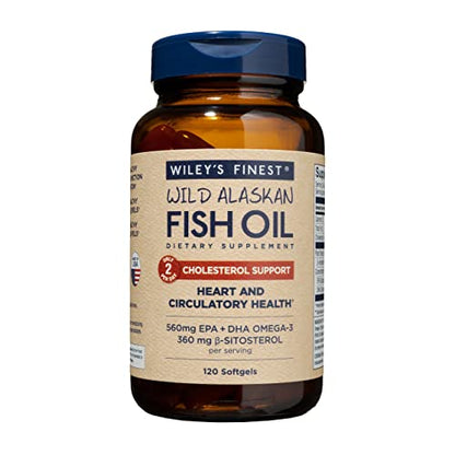 Wiley's Finest Wild Alaskan Fish Oil - Cholesterol Support, Natural 800mg Plant Sterol Esters, 560mg EPA + DHA Omega-3s, Wild-Caught Alaskan, 120 Softgels (Packaging May Vary)