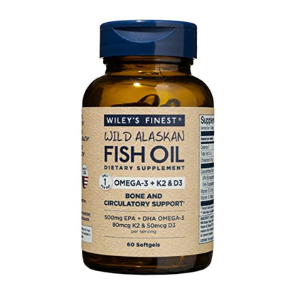 Wiley's Finest Wild Alaskan Fish Oil - Mini Vitamin K2 500mg, D3 2000 IU, 500MG EPA + DHA Omega-3, 60 Softgels