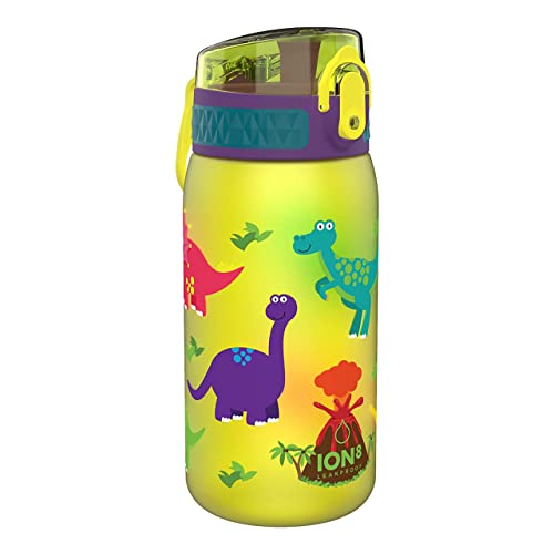 Ion8 Kid's One Touch On-The-Go Printed Water Bottle - Leakproof and BPA-Free Water Bottle - Fits Car Cup Holders and Kid's Backpacks 12 oz / 350 ml - Dinosaurs