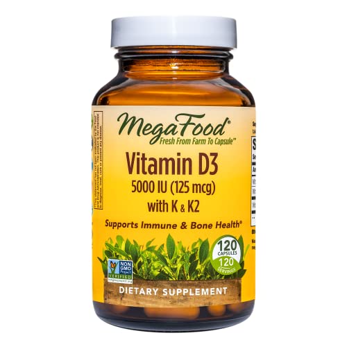 MegaFood Vitamin D3 5000 IU (125 mcg) - Bone Health and Immune Support with Vitamins D3, K, and K2 - Vegetarian, Gluten-Free - Made Without Dairy or Soy - 120 Caps
