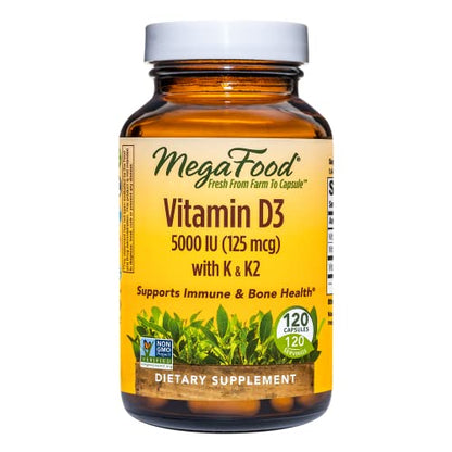 MegaFood Vitamin D3 5000 IU (125 mcg) - Bone Health and Immune Support with Vitamins D3, K, and K2 - Vegetarian, Gluten-Free - Made Without Dairy or Soy - 120 Caps