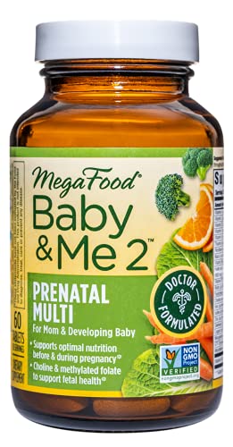 MegaFood Baby & Me 2 Prenatal Multi - Prenatal Vitamins for Mom & Developing Baby - Dr Formulated with Essential Nutrients like Folic Acid, Choline, Biotin, and More - Non-GMO - 60 Tabs (30 Servings)