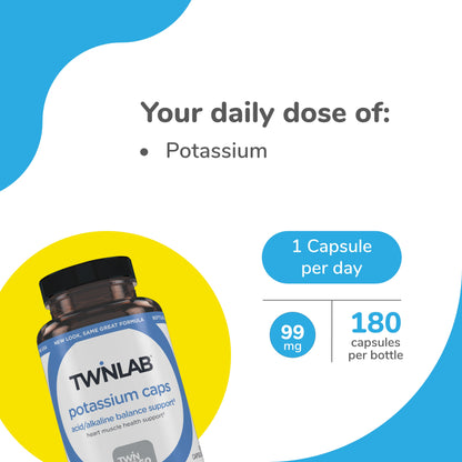 Twinlab Potassium Caps - Chelated Potassium Supplement for Heart Health, Leg Cramps Relief and Muscle Recovery - Potassium Citrate and Aspartate for PH Balance, 99 mg, 180 Caps (Pack of 2)