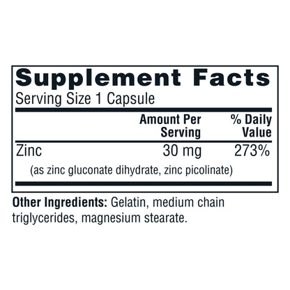 Twinlab Zinc Caps - Immune Support Supplement with Zinc Picolinate & Zinc Gluconate - Pure Zinc Supplement for Immune Defense, Healthy Skin - Zinc 30mg, 100 Capsules (Pack of 2)