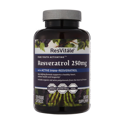 ResVitale Resveratrol 250mg - Anti Aging Antioxidants Supplement for Heart Health & Immune Support - Natural Trans Resveratrol Supplement with Grape Extract & Quercetin, 120 Veggie Caps