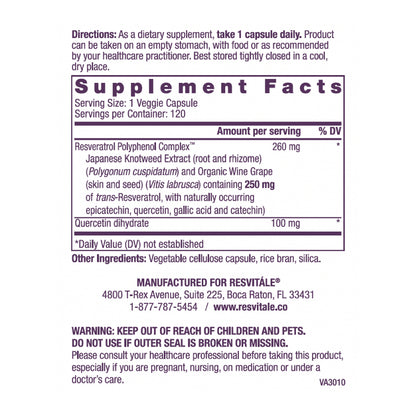 ResVitale Resveratrol 250mg - Anti Aging Antioxidants Supplement for Heart Health & Immune Support - Natural Trans Resveratrol Supplement with Grape Extract & Quercetin, 120 Veggie Caps