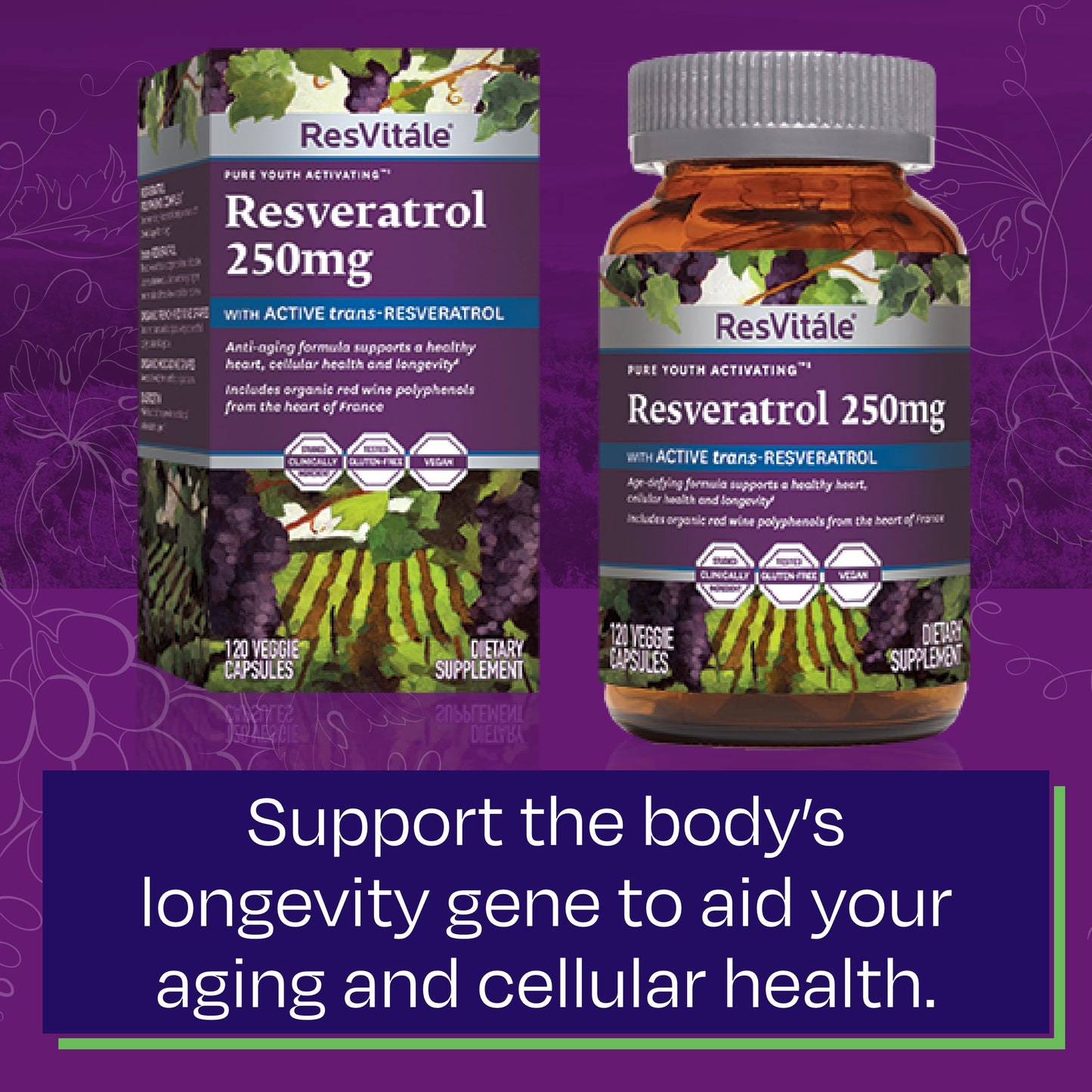 ResVitale Resveratrol 250mg - Anti Aging Antioxidants Supplement for Heart Health & Immune Support - Natural Trans Resveratrol Supplement with Grape Extract & Quercetin, 120 Veggie Caps