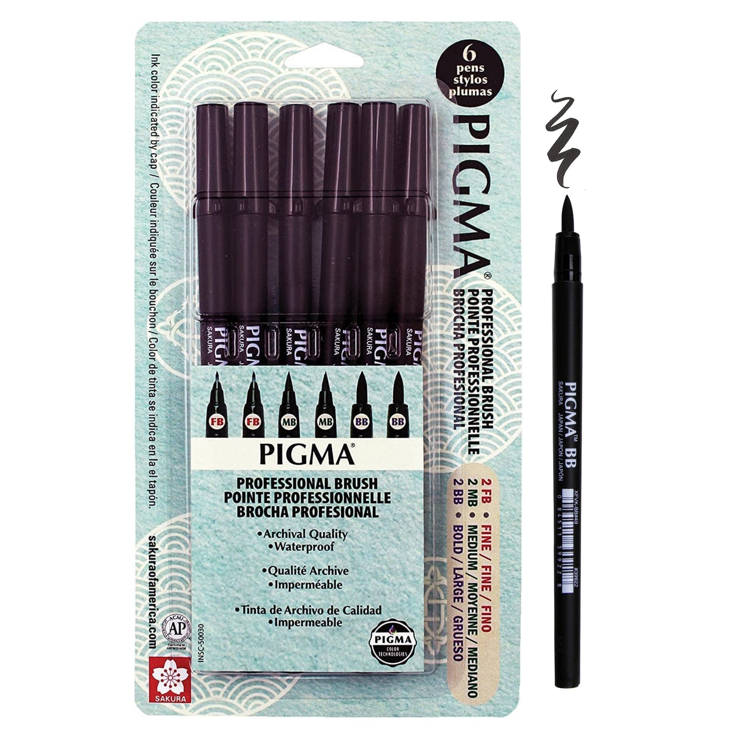Sakura Pigma Professional Archival Ink Brush Pens, 6 Set, Black, 6 Pack