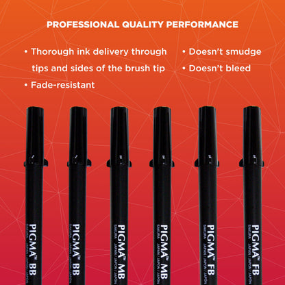Sakura Pigma Professional Archival Ink Brush Pens, 6 Set, Black, 6 Pack
