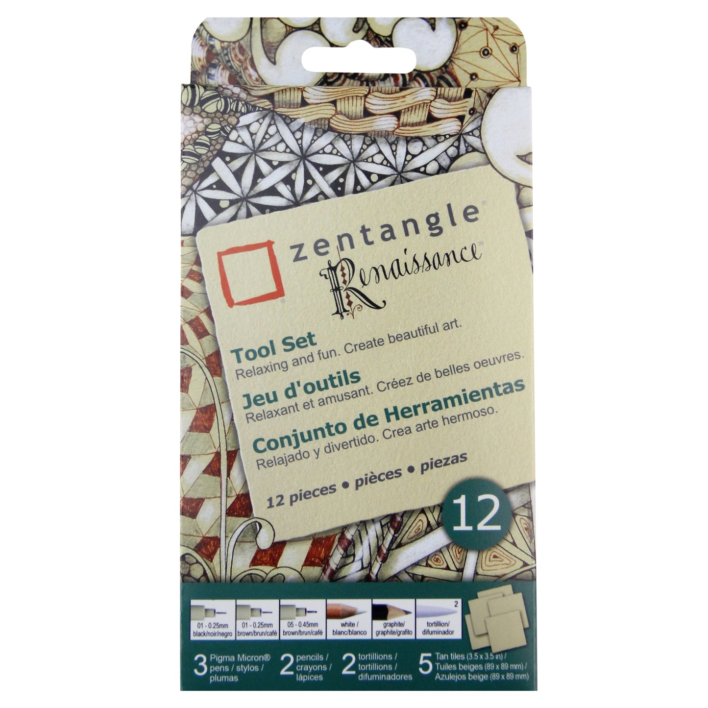 Sakura #50112 Zentangle 12 Pc Set w/ Renaissance Tiles, 3.5", Tan