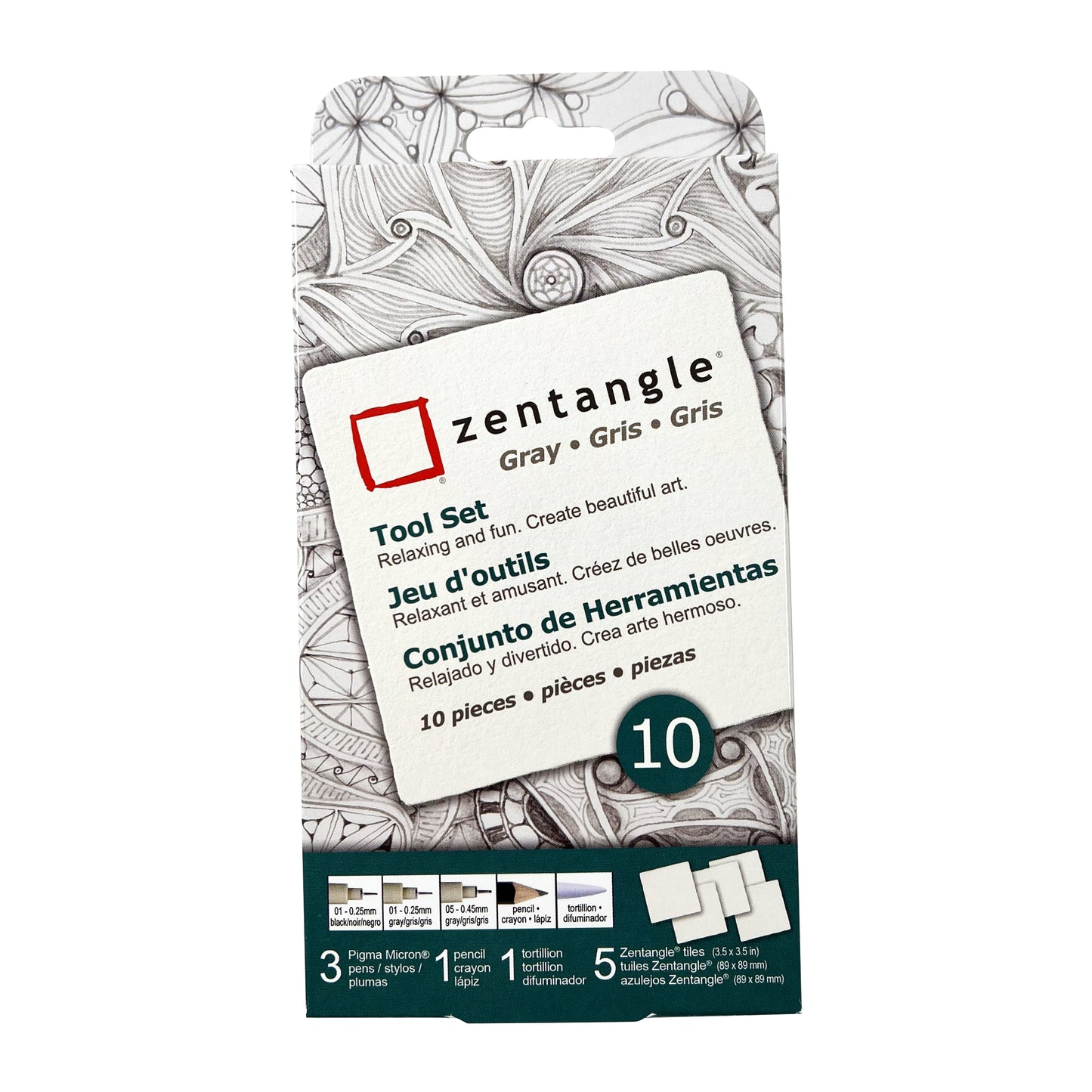 SAKURA Zentangle Gray Drawing Set w/ White Paper Tiles, Archival Micron Pens, 10 Pc Set 50117