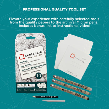 SAKURA Zentangle Gray Drawing Set w/ White Paper Tiles, Archival Micron Pens, 10 Pc Set 50117