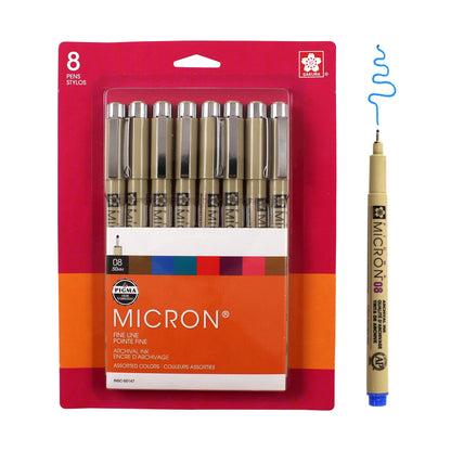 SAKURA Pigma Micron 08 Tip Fineliner Pens, Ass't Archival Colors, 8 PK 50147
