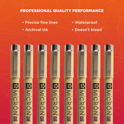 SAKURA Pigma Micron 08 Tip Fineliner Pens, Ass't Archival Colors, 8 PK 50147