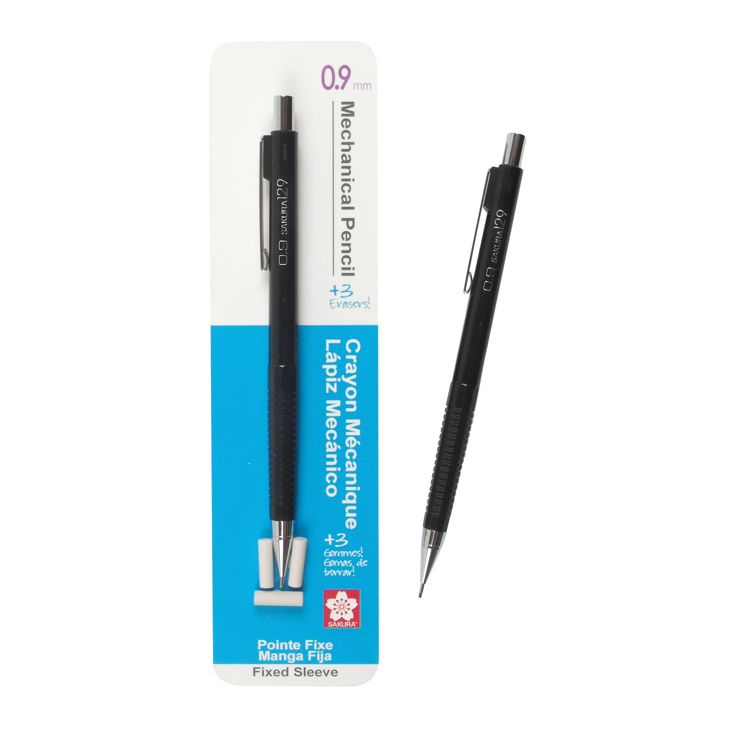 Sakura 50299 Mechanical Pencil Fixed Sleeve 0.9-mm with 3 Erasers, Black