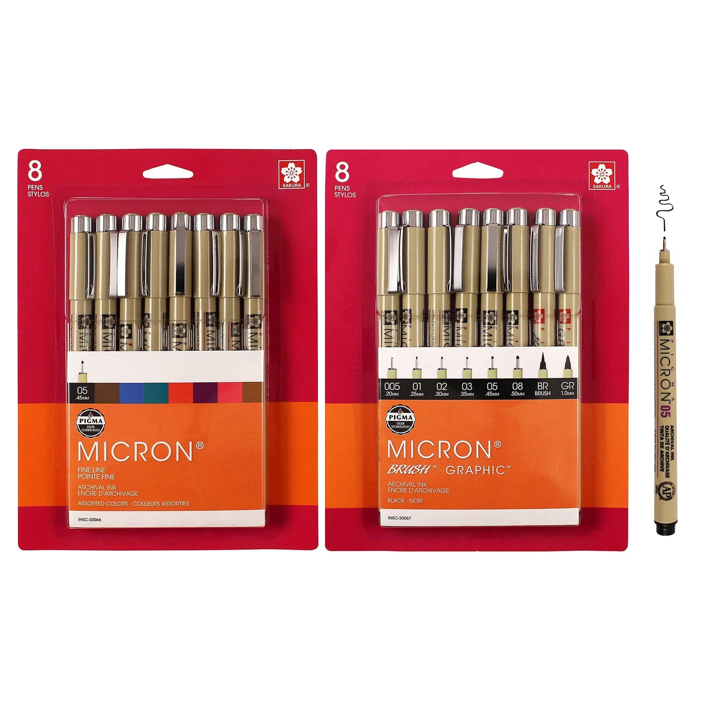 SAKURA - Pigma Micron Fineliner Pens, Archival Black Ink, Assorted Tip Sizes, 8 Pack 30067 + SAKURA - Pigma Micron 05 Tip Fineliner Pens, Assorted Archival Colors, 8 Pack 30066