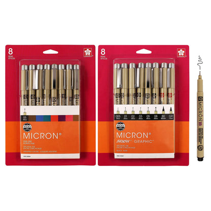 SAKURA - Pigma Micron Fineliner Pens, Archival Black Ink, Assorted Tip Sizes, 8 Pack 30067 + SAKURA - Pigma Micron 05 Tip Fineliner Pens, Assorted Archival Colors, 8 Pack 30066
