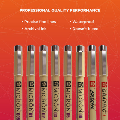 SAKURA - Pigma Micron Fineliner Pens, Archival Black Ink, Assorted Tip Sizes, 8 Pack 30067 + SAKURA - Pigma Micron 05 Tip Fineliner Pens, Assorted Archival Colors, 8 Pack 30066