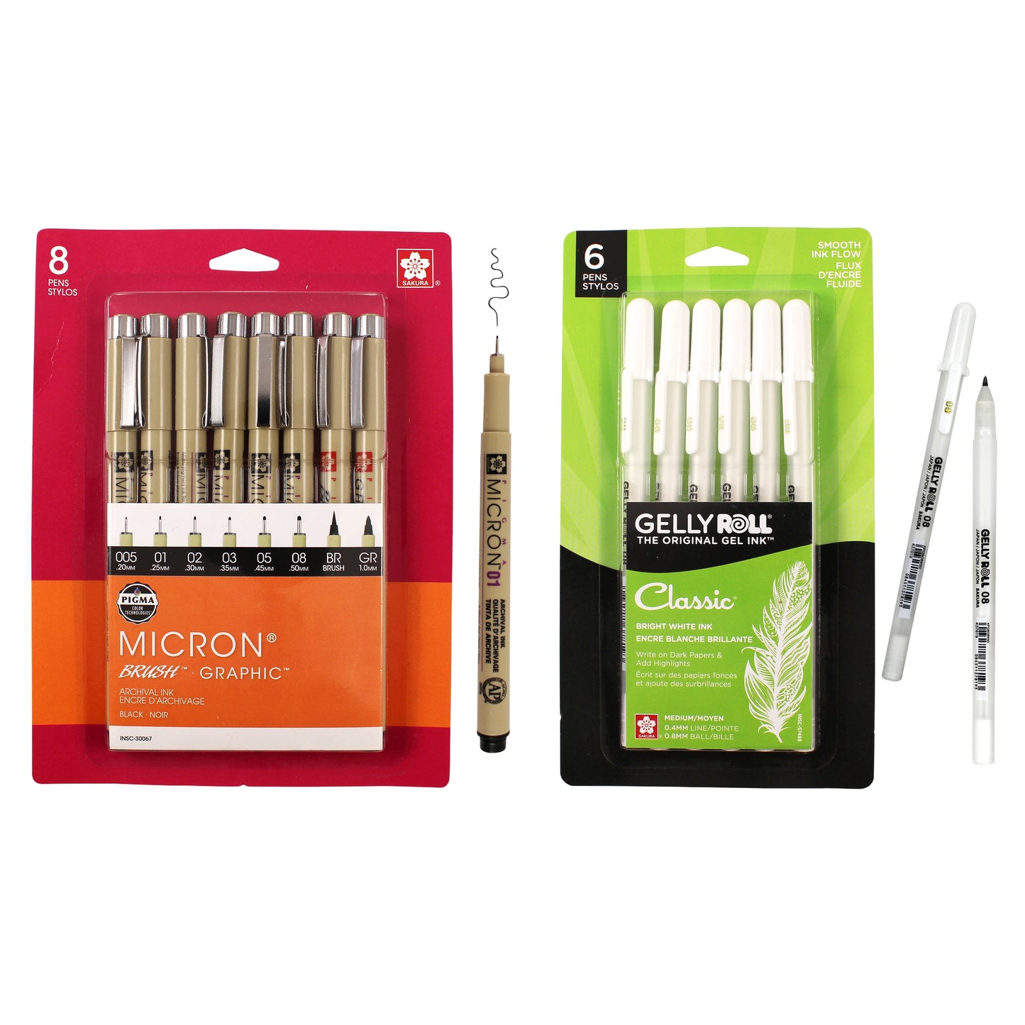 SAKURA - Pigma Micron Fineliner Pens, Archival Black Ink, Assorted Tip Sizes, 8 Pack 30067 + SAKURA - Gelly Roll Classic Gel Pens, Medium Tip, Opaque White Ink, 6 Pack 57488