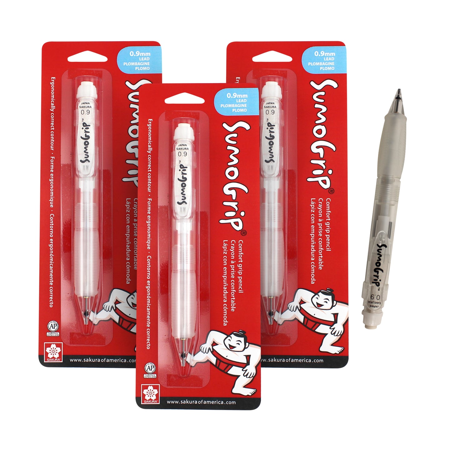 SAKURA SumoGrip 0.9-mm Pencil with Eraser, Ergonomic Grip, Clear Barrel, Set of 3