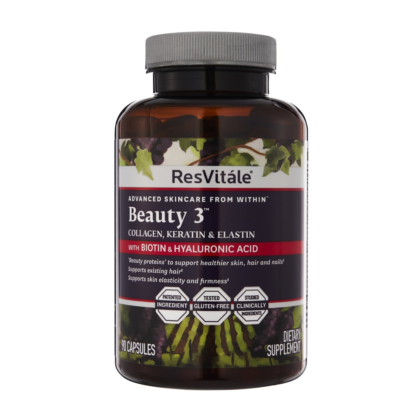 ResVitale Beauty 3 - Hair Skin and Nails Supplement w/Hydrolyzed Collagen Peptides, Hyaluronic Acid, Cynatine HNS Hydrolyzed Keratin Complex, Hair Growth Vitamins & DERMAVAL Bioactive Blend, 90 Caps