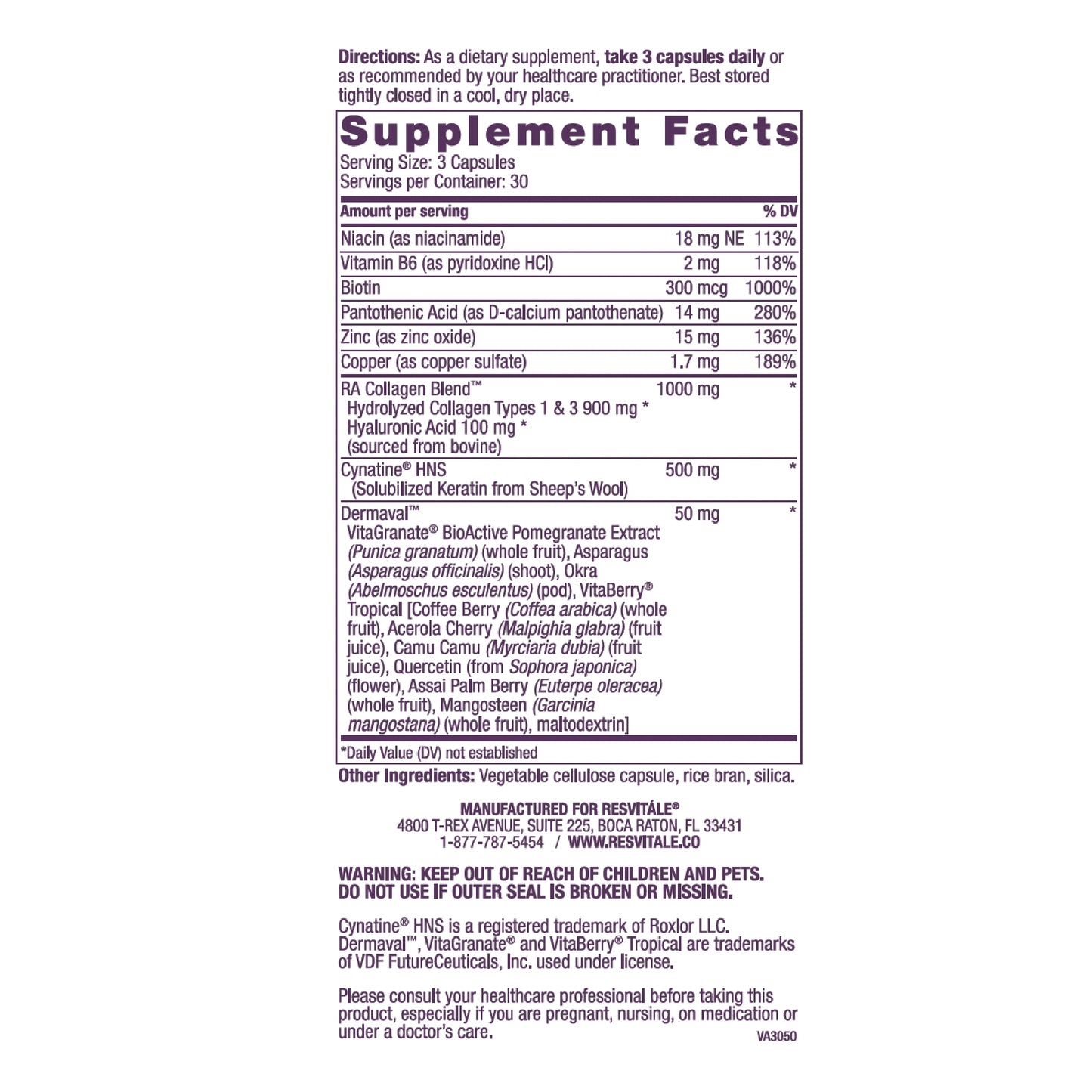 ResVitale Beauty 3 - Hair Skin and Nails Supplement w/Hydrolyzed Collagen Peptides, Hyaluronic Acid, Cynatine HNS Hydrolyzed Keratin Complex, Hair Growth Vitamins & DERMAVAL Bioactive Blend, 90 Caps