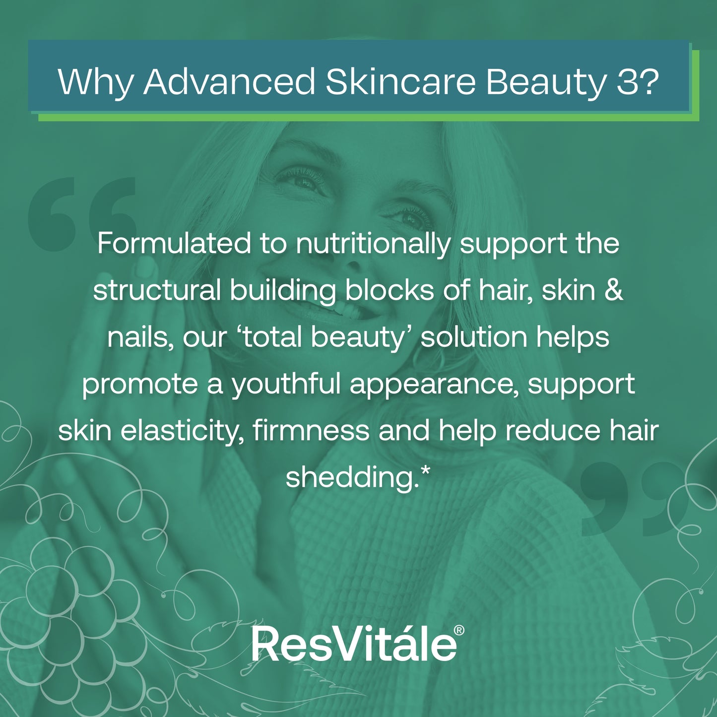 ResVitale Beauty 3 - Hair Skin and Nails Supplement w/Hydrolyzed Collagen Peptides, Hyaluronic Acid, Cynatine HNS Hydrolyzed Keratin Complex, Hair Growth Vitamins & DERMAVAL Bioactive Blend, 90 Caps