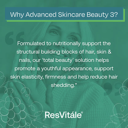 ResVitale Beauty 3 - Hair Skin and Nails Supplement w/Hydrolyzed Collagen Peptides, Hyaluronic Acid, Cynatine HNS Hydrolyzed Keratin Complex, Hair Growth Vitamins & DERMAVAL Bioactive Blend, 90 Caps