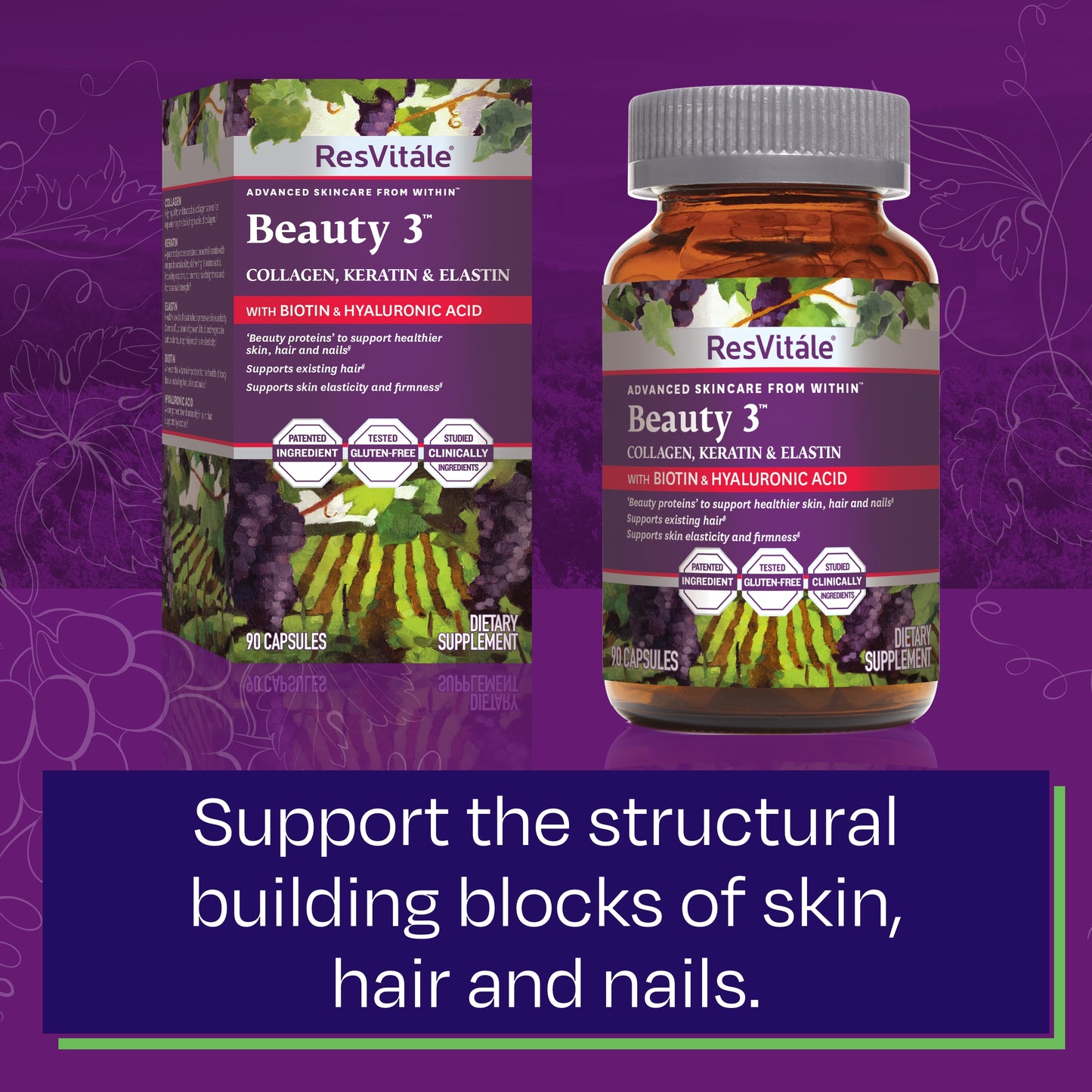 ResVitale Beauty 3 - Hair Skin and Nails Supplement w/Hydrolyzed Collagen Peptides, Hyaluronic Acid, Cynatine HNS Hydrolyzed Keratin Complex, Hair Growth Vitamins & DERMAVAL Bioactive Blend, 90 Caps