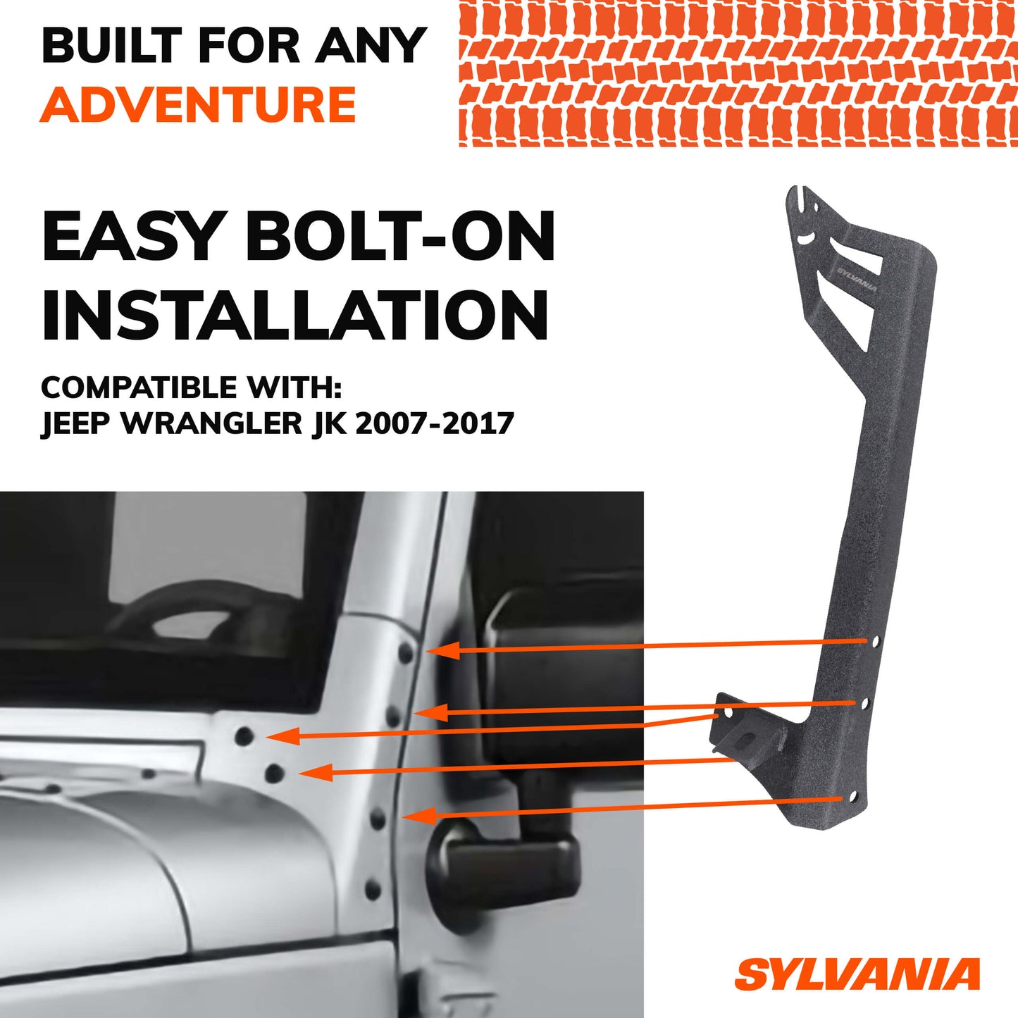 SYLVANIA 50" A-Pillar Mounting Bracket Compatible with Jeep Wranglers JK 2007-2017 Models