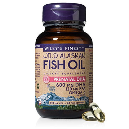 Wiley's Finest Wild Alaskan Fish Oil - Prenatal Mini DHA, 600mg EPA + DHA Omega-3s, 60 Softgels (Packaging May Vary)